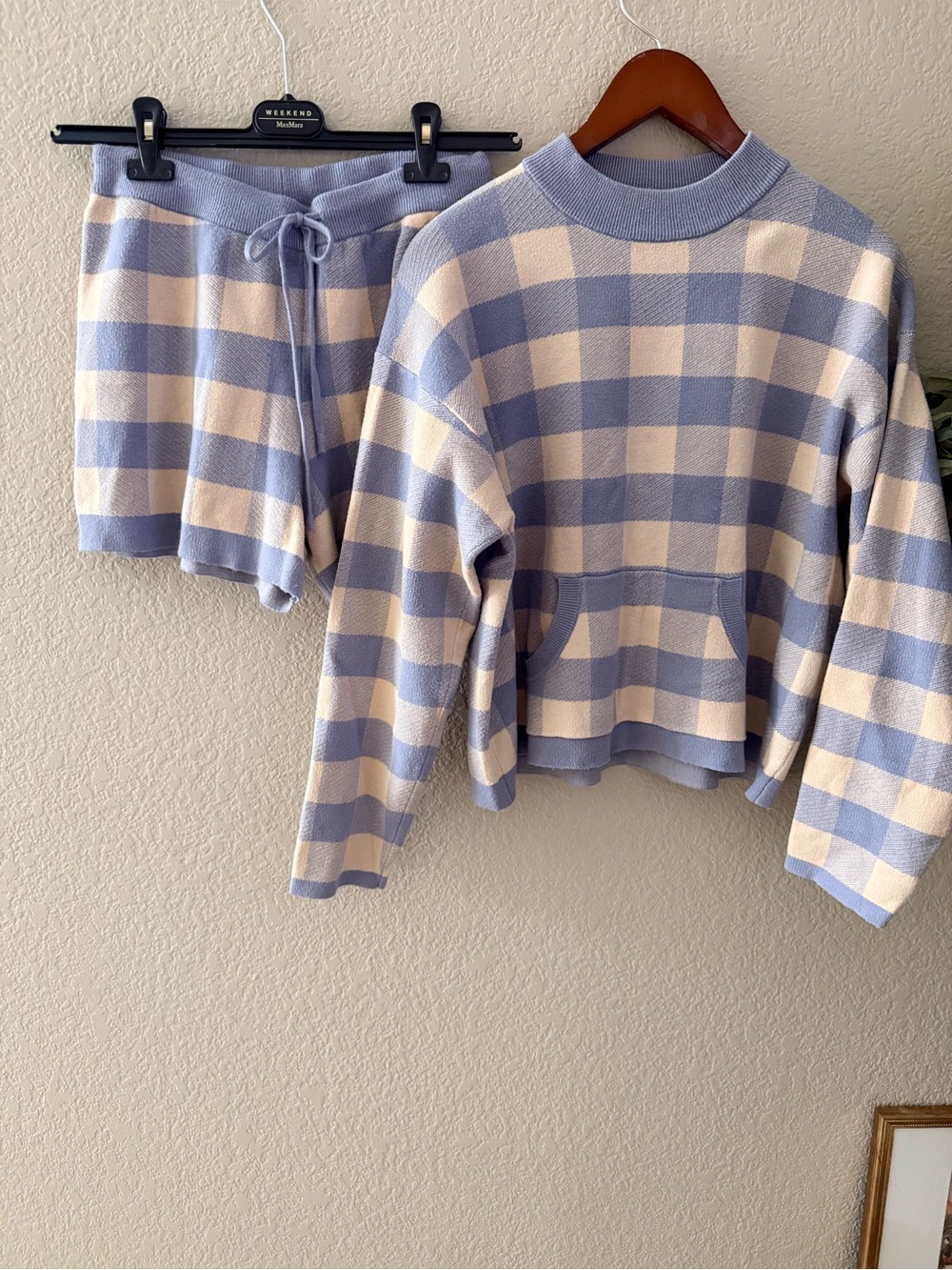 Anthropologie Saturday Sunday Blue Check Knit Sweater Shorts Set